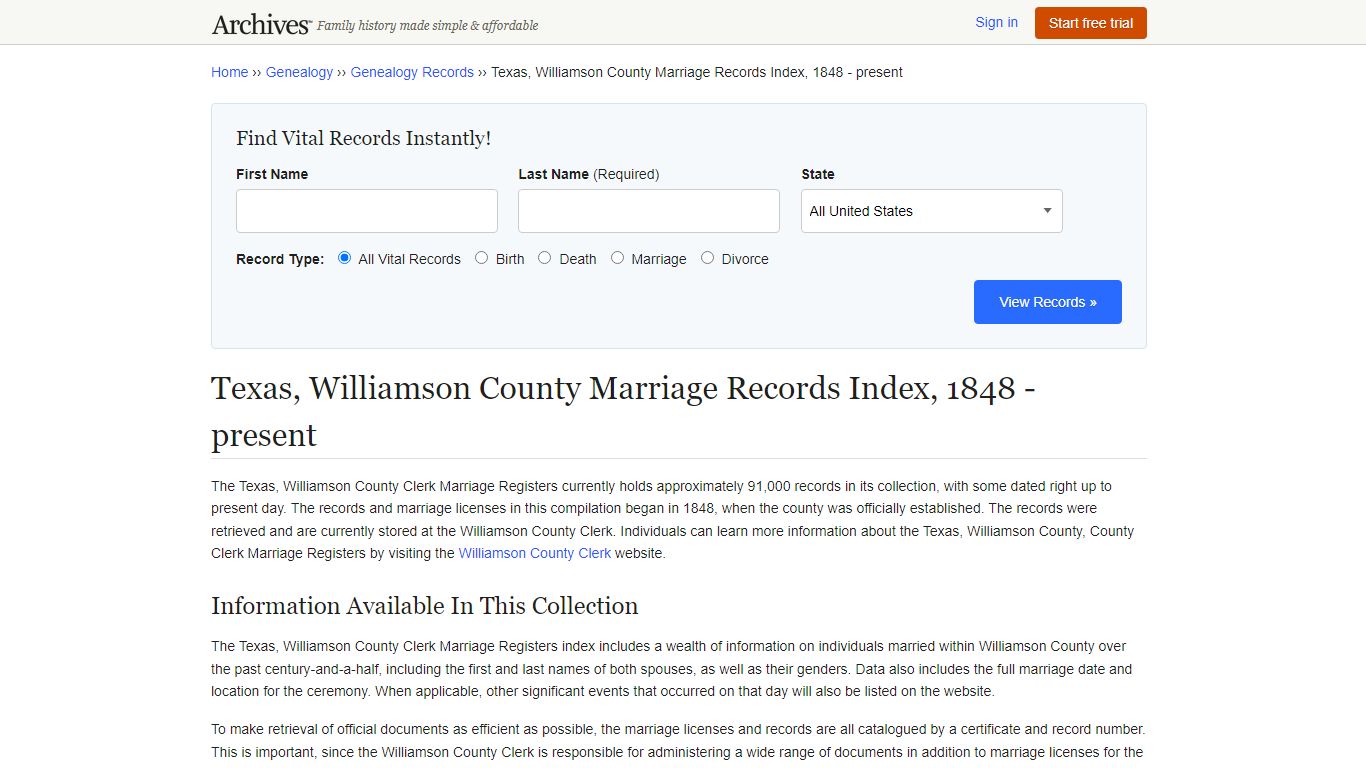 Texas, Williamson County Marriage Records Index, 1848 - Archives.com