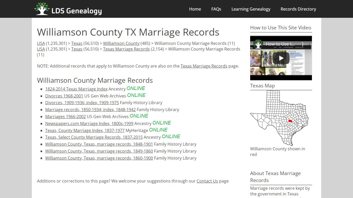 Williamson County TX Marriage Records - LDS Genealogy